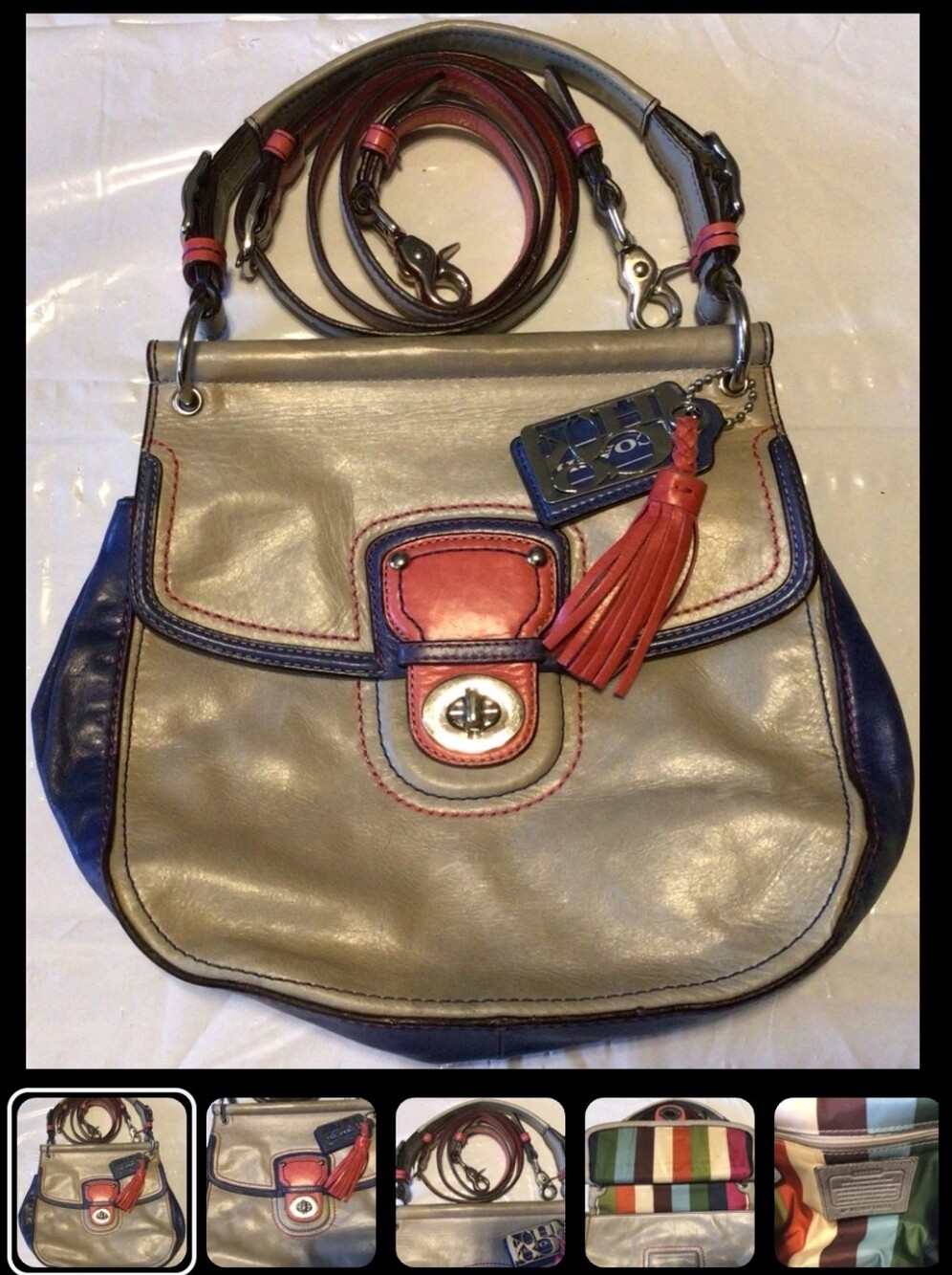 Coach Legacy Willis Crossbody Bag Tassel Metal Tags Vintage- Cream, Navy & Coral